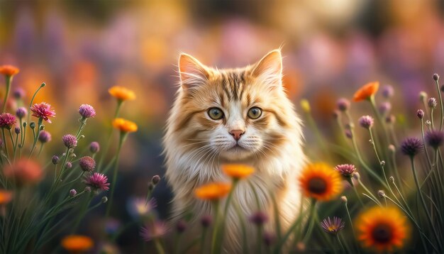 Katzenporträt Eine rote Katze spielt auf einer Wiese unter Blumen Katze unter Blumen, die von KI generiert wurde