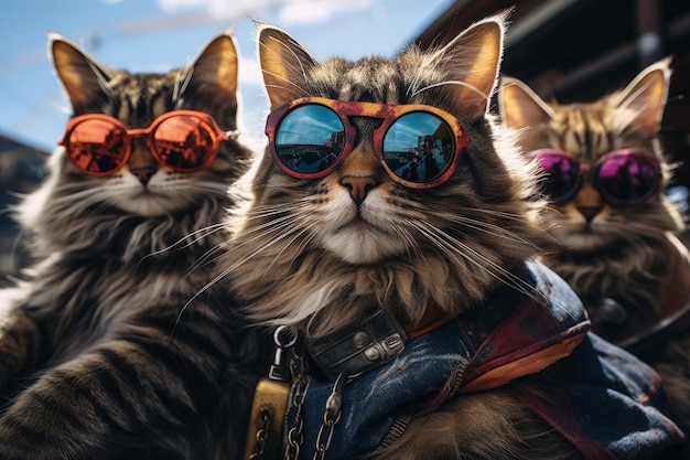 Katzenporträt mit Sonnenbrille. Lustige Tiere in einer Gruppe, die gemeinsam in die Kamera schauen und bekleidet Spaß haben und gemeinsam ein Selfie machen. Ein ungewöhnlicher Moment voller Spaß und Modebewusstsein