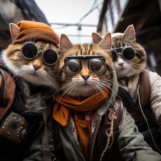 Katzenporträt mit Sonnenbrille. Lustige Tiere in einer Gruppe, die gemeinsam in die Kamera schauen und bekleidet Spaß haben und gemeinsam ein Selfie machen. Ein ungewöhnlicher Moment voller Spaß und Modebewusstsein