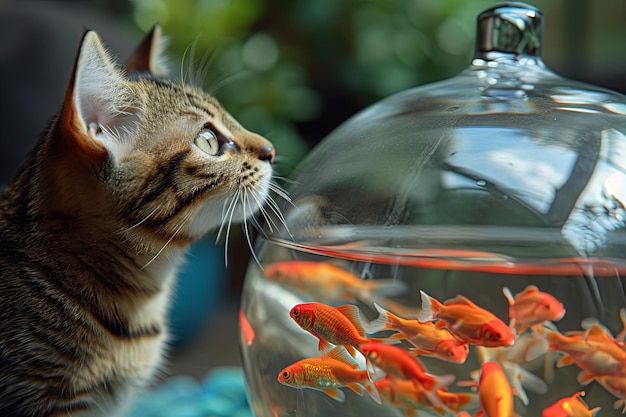 Foto katzenrettungsschwimmer am goldfischglas stellen sie sich eine katze vor, die eine rettungsschwimmerpfeife trägt und aufmerksam über fische in einer schüssel wacht, was ein gefühl von verantwortung und fürsorge verkörpert