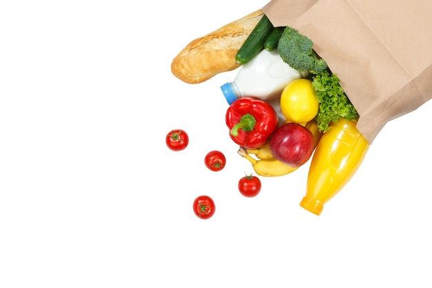 Kauf von Lebensmitteln kauft Obst und Gemüse copyspace Kopie Raum Papiertüte isoliert auf weiss