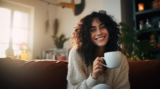 Kaukasische Frau genießt eine Tasse Kaffee in gemütlicher Atmosphäre. Erstellt mit generativer KI-Technologie