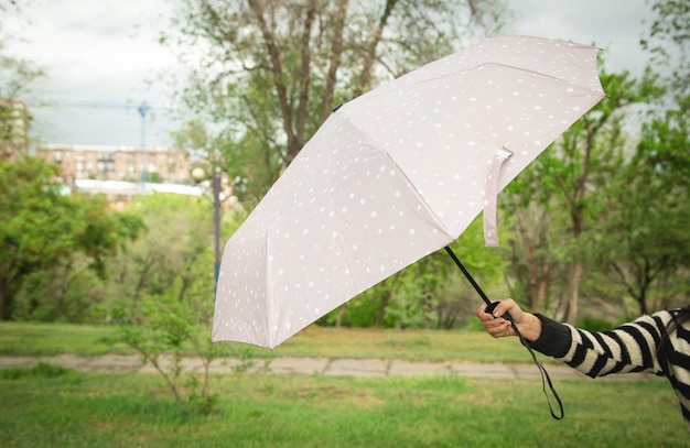 Kaukasische Frau mit Regenschirm im Park