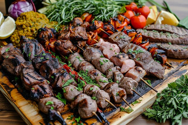 Kaukasische traditionelle Kebab-Platte mit gegrillten Speisen und Kräutern