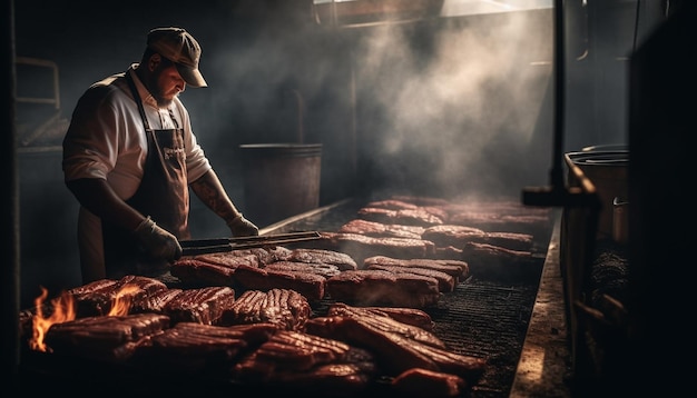 Kaukasischer Koch grillt frisches Schweinefleisch auf einem von KI erzeugten Grill