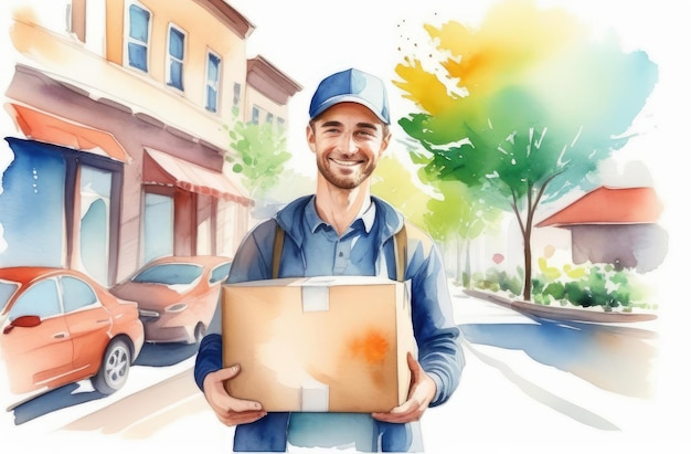 Foto kaukasischer liefermann lächelt, hält ein paket und geht auf der stadtstraße. aquarell-illustration