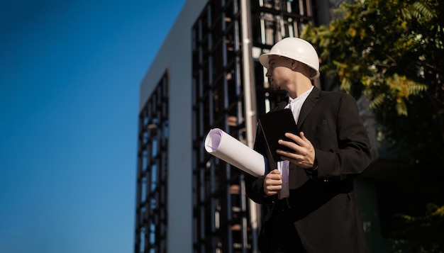 Foto kaukasischer männlicher arbeiter auf einer baustelle. architekturdesign hält einen laptop