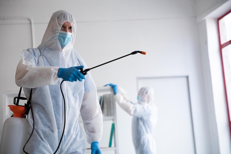 Foto kaukasischer männlicher arzt und wissenschaftler trägt schutzkleidung und gesichtsmaske, reinigt und sprüht überall desinfektionsmittel. coronavirus covid 19 pandemische biogefährdung.