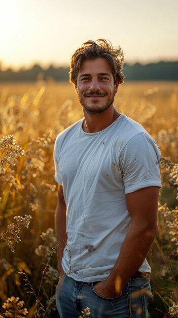 Kaukasischer Mann in weißem T-Shirt und Jeans auf dem Sommerfeld im Hintergrund