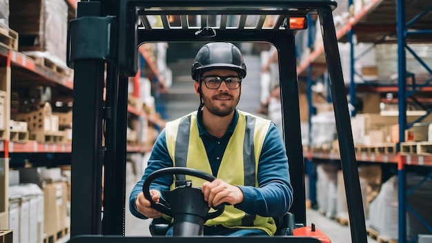 Kaukasischer Mann mit Helm und Sicherheitsweste arbeitet mit einem Gabelstapler in einem Lagerhaus