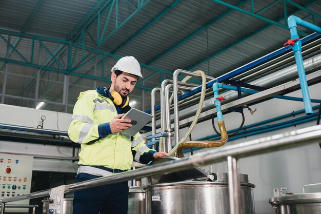 Kaukasischer Techniker-Ingenieurmann in Uniform mit Tablette, der Kesseltanks und Flüssigkeitsleitungen in der Produktionslinie der Chemiefabrik überprüft und steuert