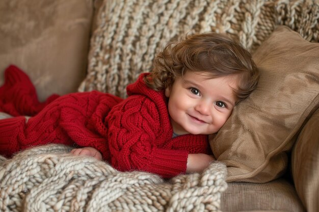 Kaukasisches Baby mit rotem Pullover schaut auf die Kamera Kinder39er Tag