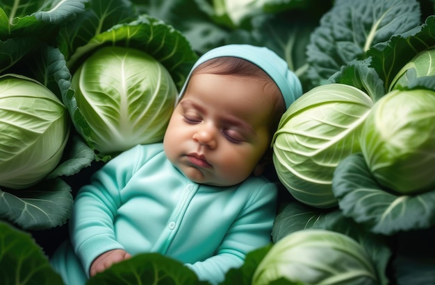 Kaukasisches Kleinkind in Kohl Neugeborenes schläft im Garten auf dem Boden, umgeben von Gemüse