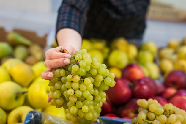 Kaukasisches Mädchen, das Frischgemüselebensmittelprodukte am marketxA kauft