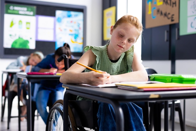 Kaukasisches Schulmädchen im Rollstuhl mit verschiedenen Schulkindern im Klassenzimmer