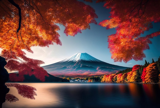 Kawaguchiko Lake Japan no outono com a montanha fuji