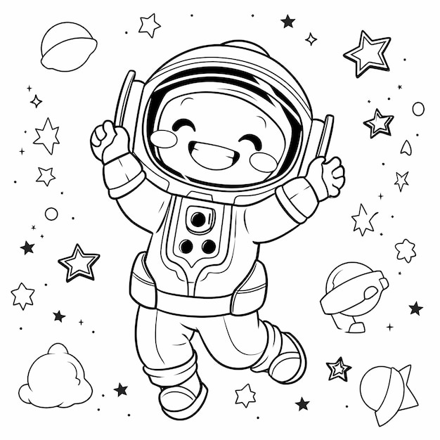 Kawaii astronauta feliz y la Vía Láctea alrededor de la nave espacial libro para colorear