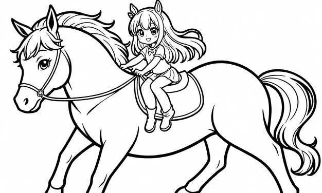 Kawaii a caballo Página para colorear por AI con una niña pequeña y un caballo grande
