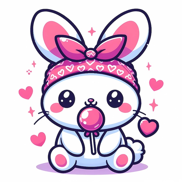 Kawaii-Cartoon-Hase mit einem rosa Lollipop und einem Bandana auf weißem Hintergrund am Osterdag