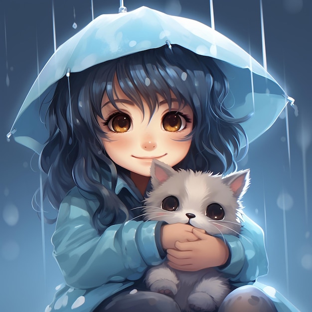 Kawaii chibi manga chica disfrutando de la lluvia con un gato juguetón mascota de la lluvias felices