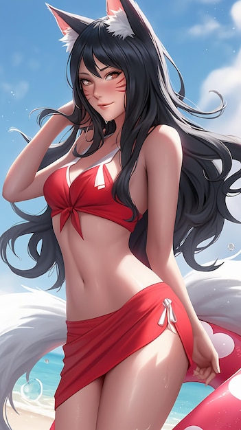 Kawaii chica zorro japonesa en bikini rojo