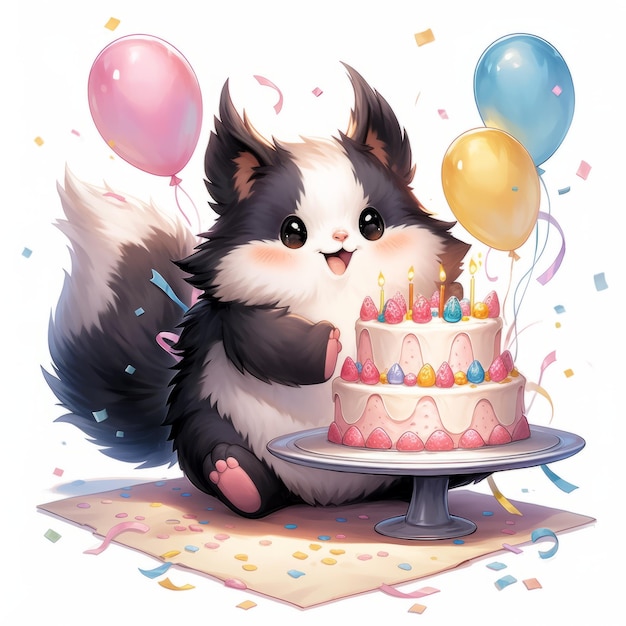 Kawaii-Feier Ein dickes, glückliches Stinktier, umgeben von übergroßen Geburtstagsgeschenken im künstlerischen Stil