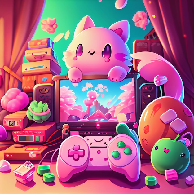 Kawaii gamer set videoconsole gaming pc ilustração de controlador de jogo  de computador