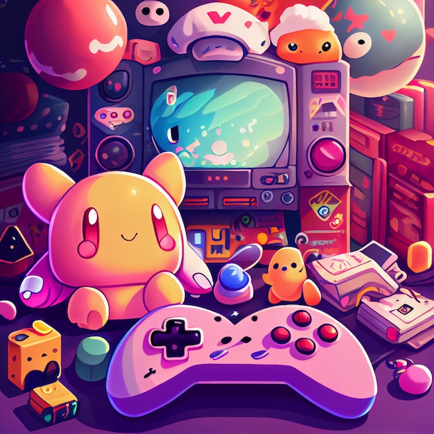 Kawaii gamer set videoconsole gaming pc ilustração de controlador de jogo de computador