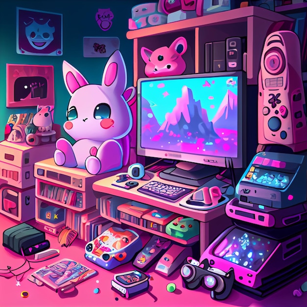 Kawaii gamer set videoconsole gaming pc ilustração de controlador de jogo de computador