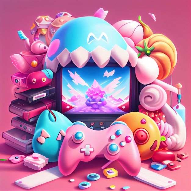 Kawaii gamer set videoconsole gaming pc ilustração de controlador de jogo de computador