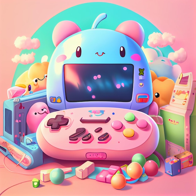 Kawaii gamer set videoconsole gaming pc ilustração de controlador de jogo de computador