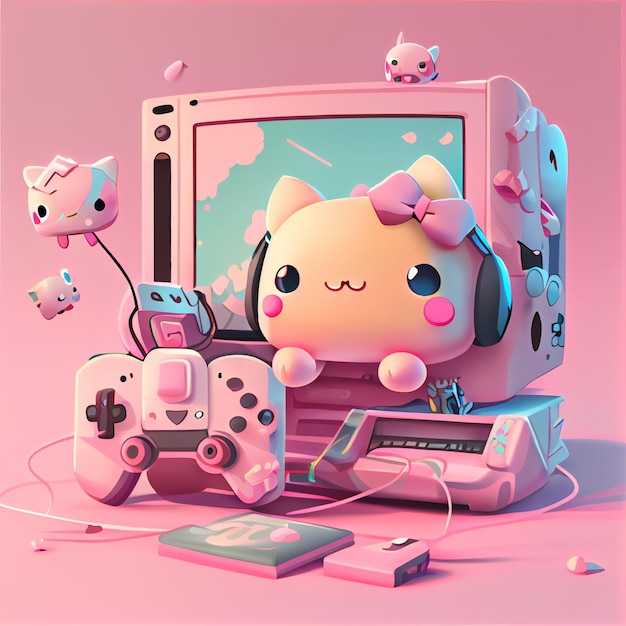 Kawaii gamer set videoconsole gaming pc ilustração de controlador de jogo de computador