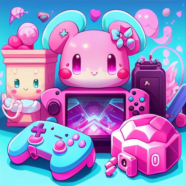 Kawaii Gamer Set Videokonsole Gaming-PC-Computerspiel-Controller-Illustration