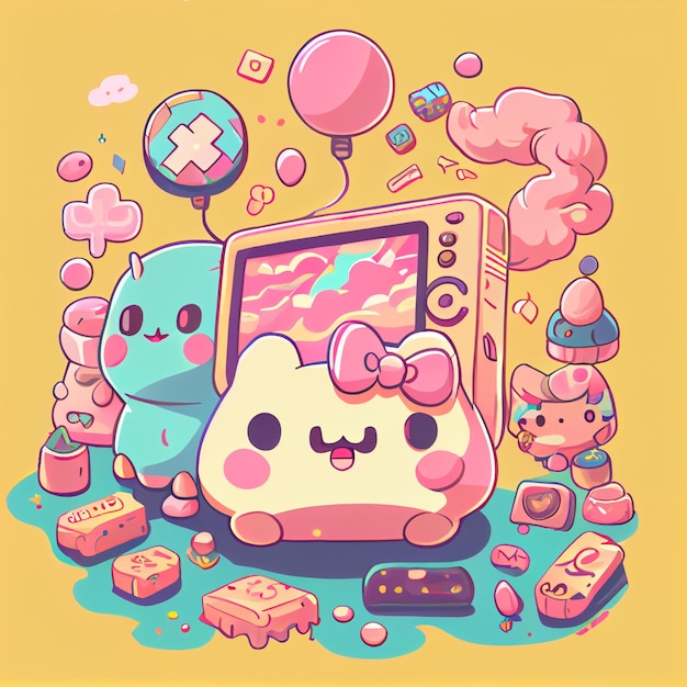 Foto kawaii gamer set videokonsole gaming-pc-computerspiel-controller-illustration