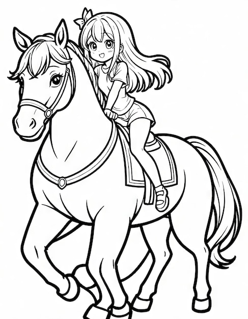 Foto kawaii horseback ride coloring page by ai featuring little girl and big horse