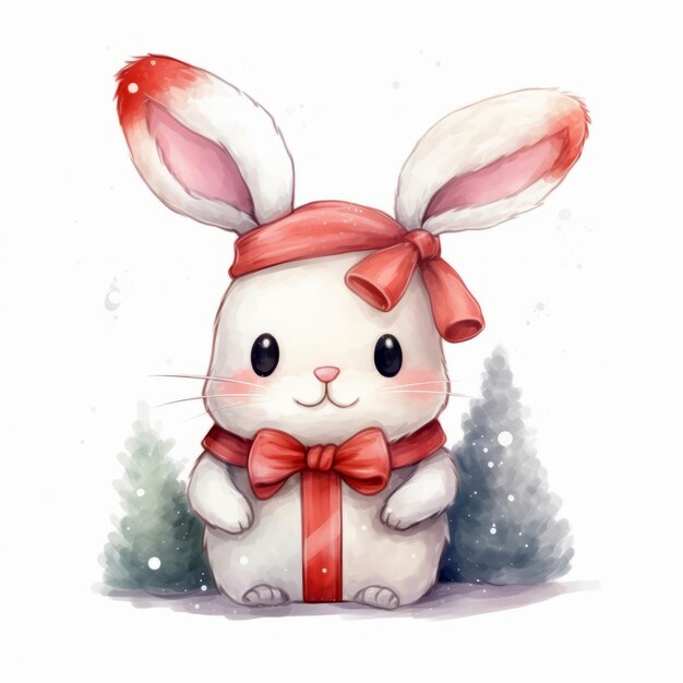 Kawaii lindo conejo dibujos animados navidad sobre fondo blanco agua color estilo generativo ai