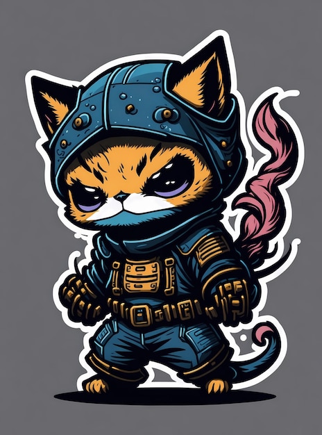 Kawaii Ninja Kitten Vector expresivo Diseño de camiseta con composición dinámica