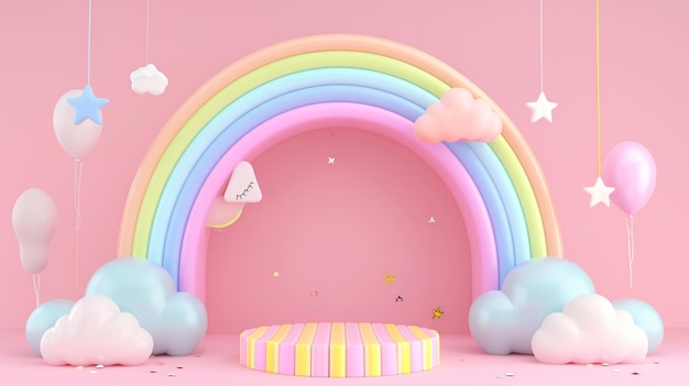 Kawaii pastellfarbener Regenbogenbogen und regenbogengestreiftes Ausstellungspodium mit niedlichen Wolken Generative Ai