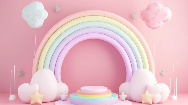 Kawaii pastellfarbener Regenbogenbogen und regenbogengestreiftes Ausstellungspodium mit niedlichen Wolken Generative Ai