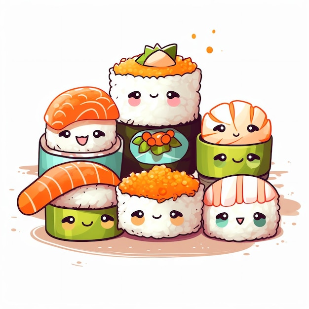 Kawaii Sushi Cartoon em fundo branco Uma fusão divertida e apetitosa de arte japonesa e digital