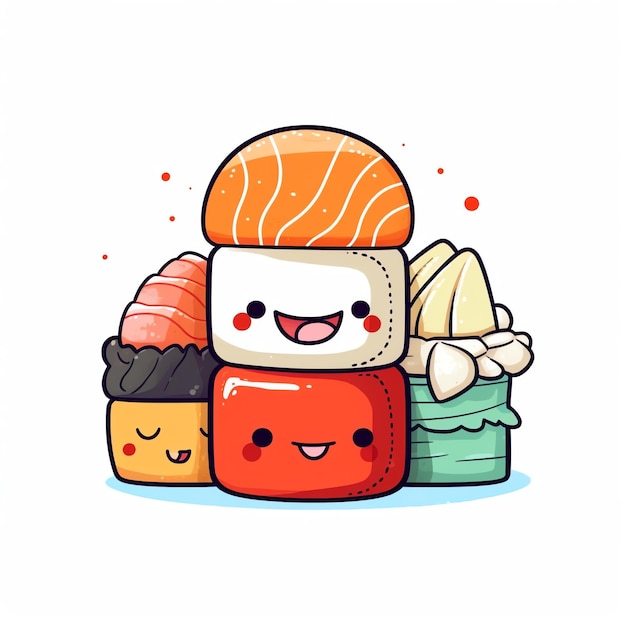 Kawaii Sushi Cartoon sobre fondo blanco Una fusión lúdica y apetitosa de arte japonés y digital