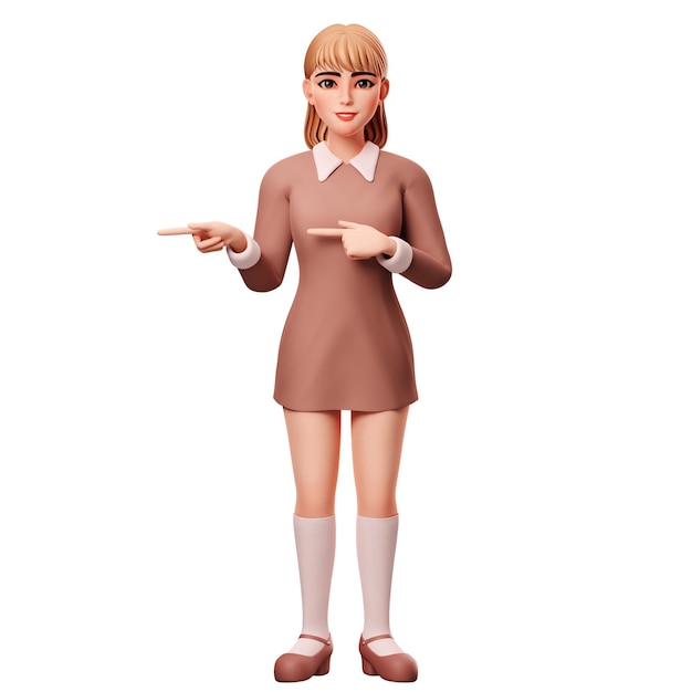 Kawaii Woman Brown Dressed Apuntando al gesto del lado izquierdo usando ambas manos 3D Character Render