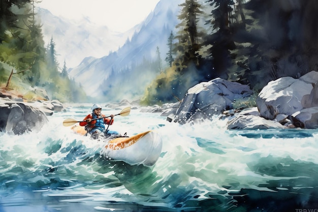 Kayak de agua blanca por un río rápido de agua blanca en las montañas