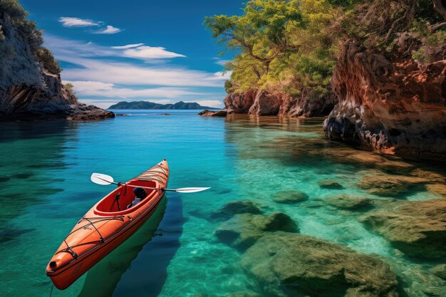 Kayak en la playa de arena blanca tropical con mar transparente en un día soleado
