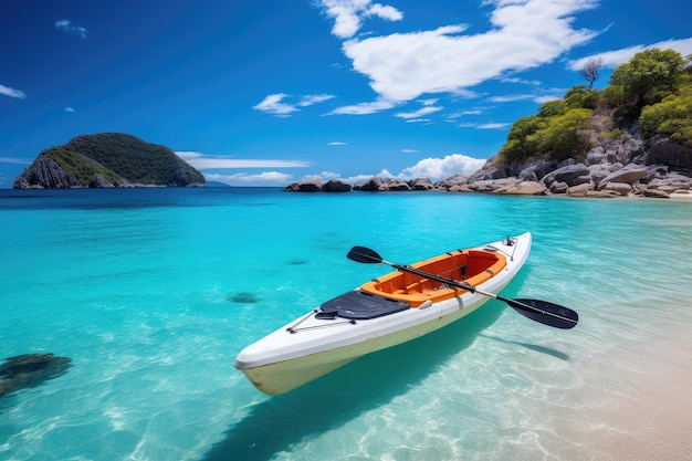 Kayak en la playa de arena blanca tropical con mar transparente en un día soleado