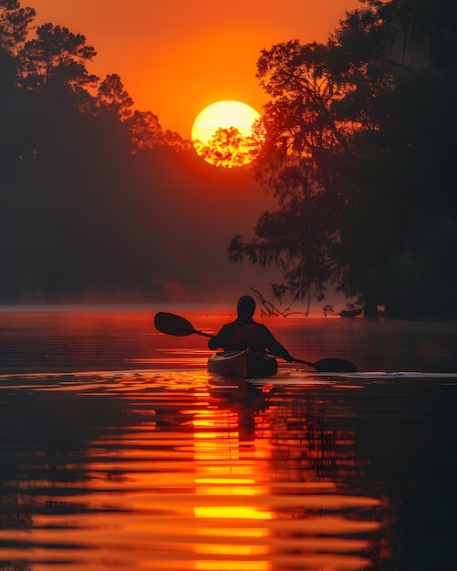 Kayak en el río al atardecer rodeado por el cielo naranja después del resplandor en el agua