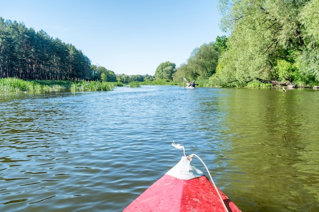 Kayak en el río. Paisaje con agua azul y árboles verdes.