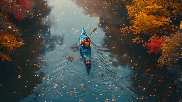 Kayak en un río rodeado de árboles desde una perspectiva aérea