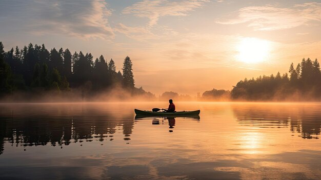 Kayaker en el amanecer del lago cubierto de niebla