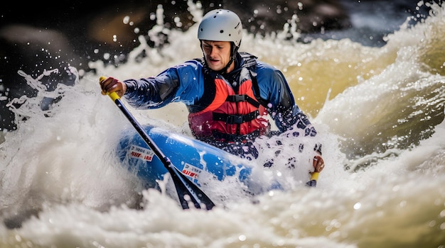 Kayaker navegando por rápidos de aguas blancas durante un evento deportivo extremo